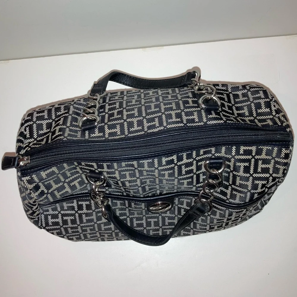 Tommy Hilfiger Black White Satchel Handbag Bowler TH Logo Monogram Fall Purse